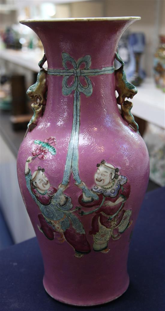 A large Chinese pink ground vase, late 19th century, 45.5cm